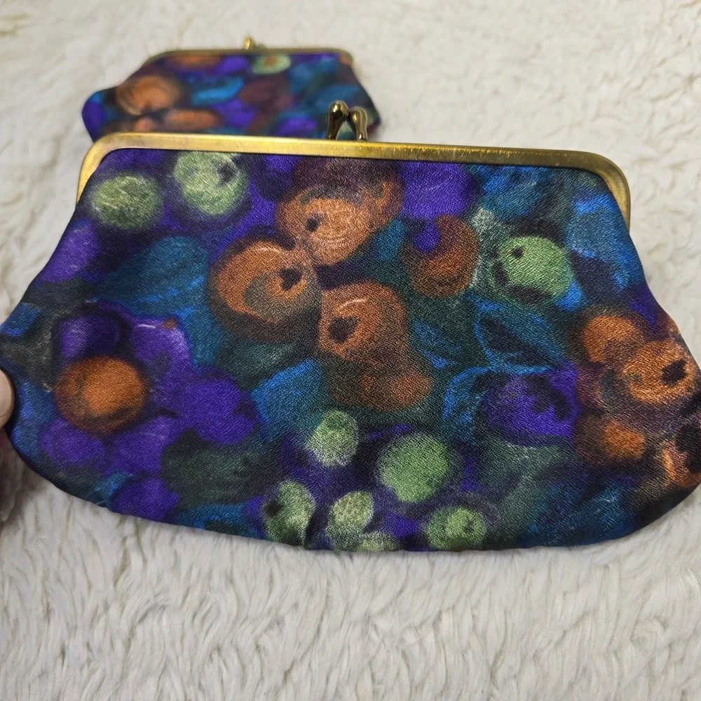 Vintage Celebrity NY Floral Pouch Set Clutch Multicolor‎ Kiss Lock Cosmetic Coin